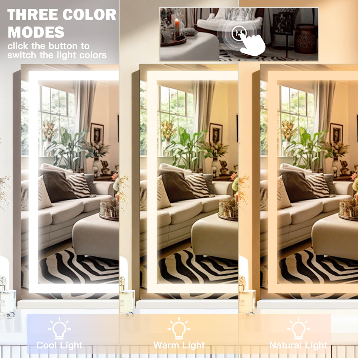 ROLOVE Large Vanity Mirror displaying Cool White light