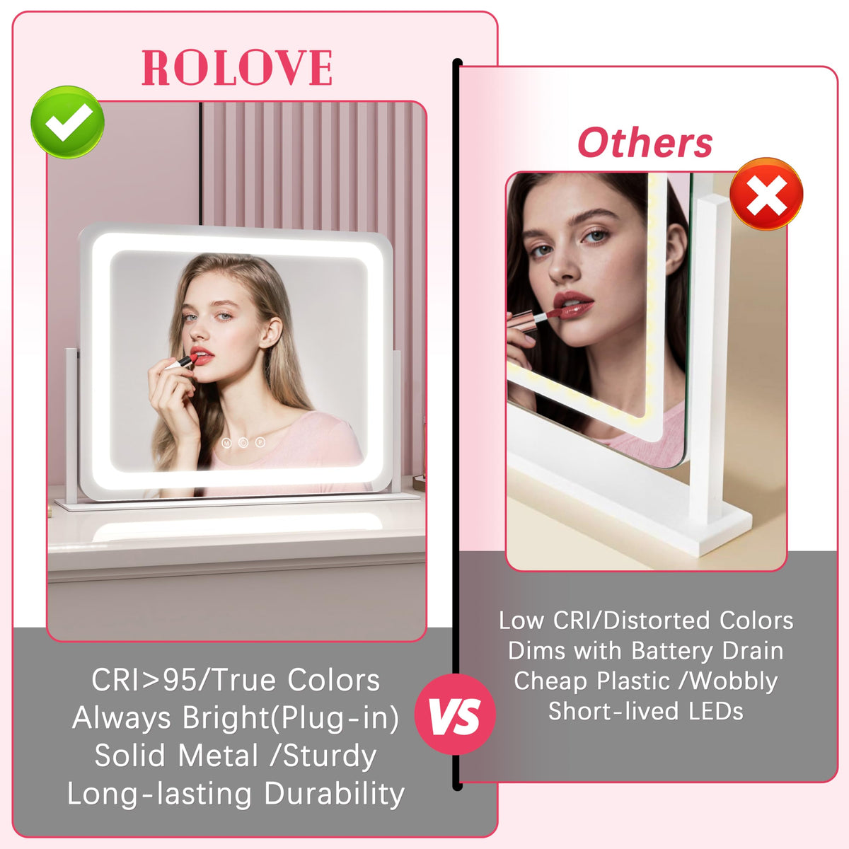 ROLOVE Large Vanity Mirror showing warm light setting
