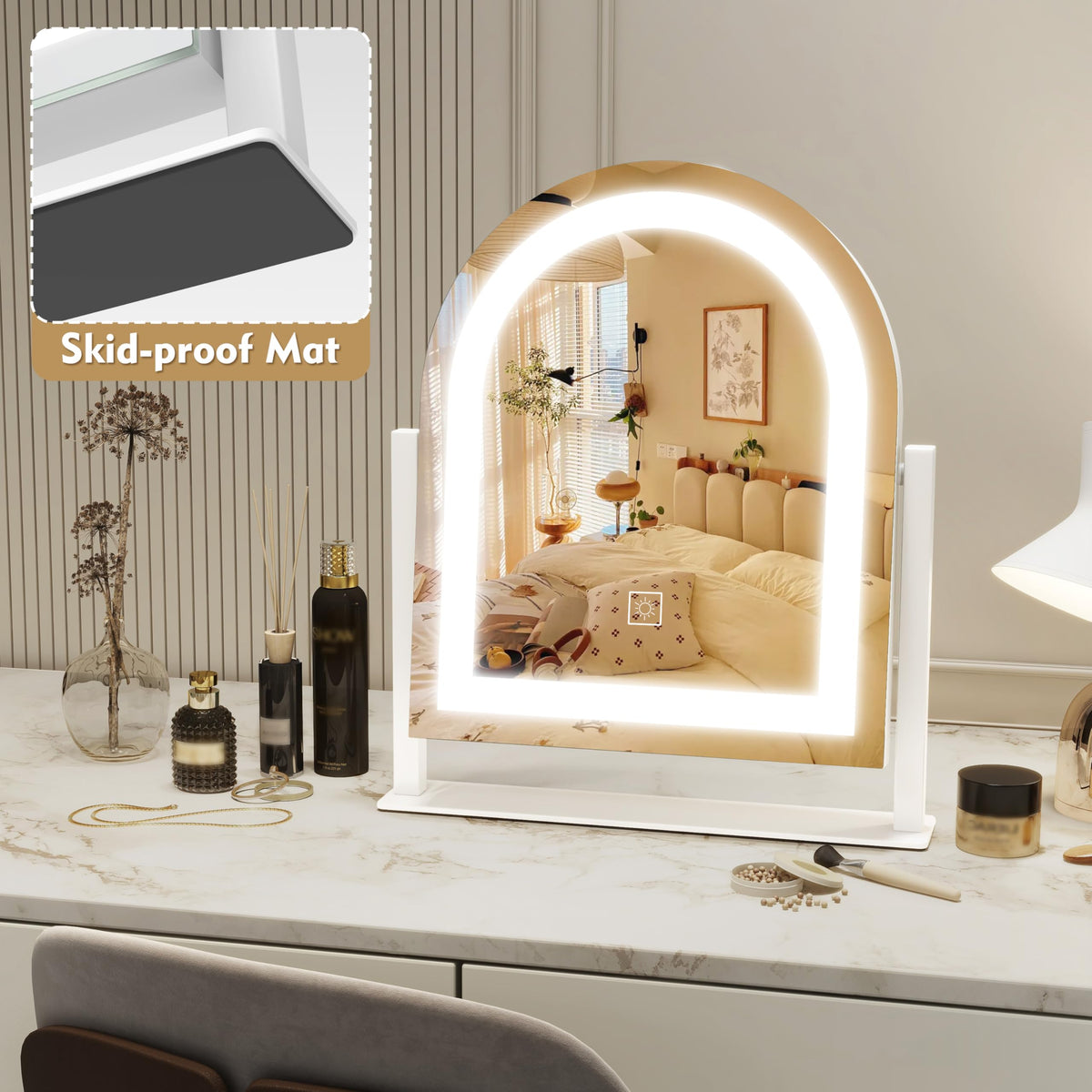 ROLOVE Lighted Makeup Mirror displaying warm light setting