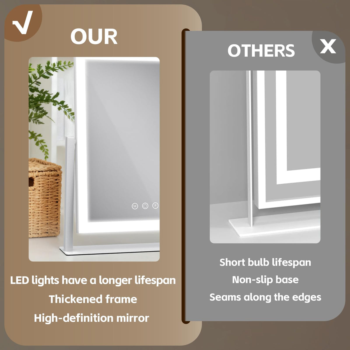 ROLOVE lighted makeup mirror with touch controls