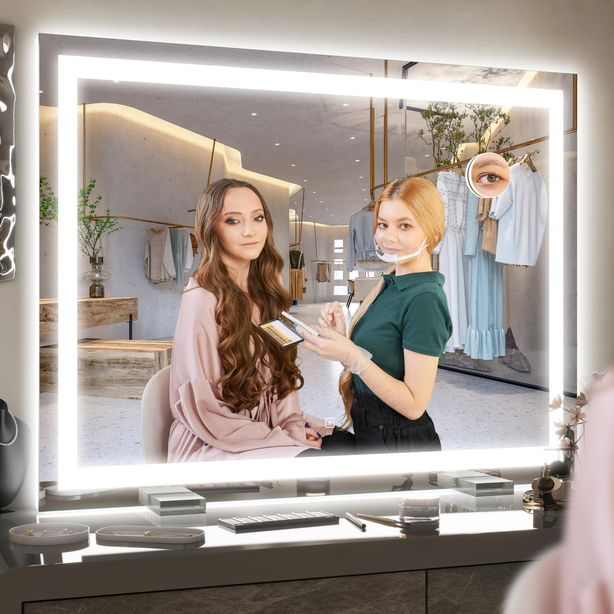 ROLOVE Lighted Vanity Mirror in a lifestyle setting with makeup accessories