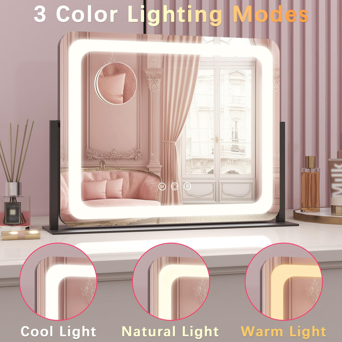 ROLOVE Lighted Vanity Mirror side view showing 360-degree rotation