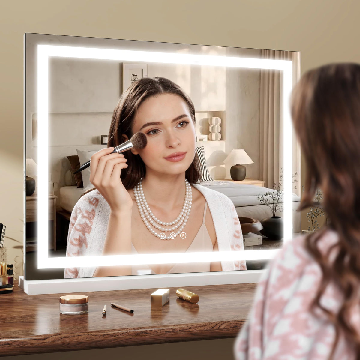 ROLOVE Makeup Mirror showing adjustable brightness feature