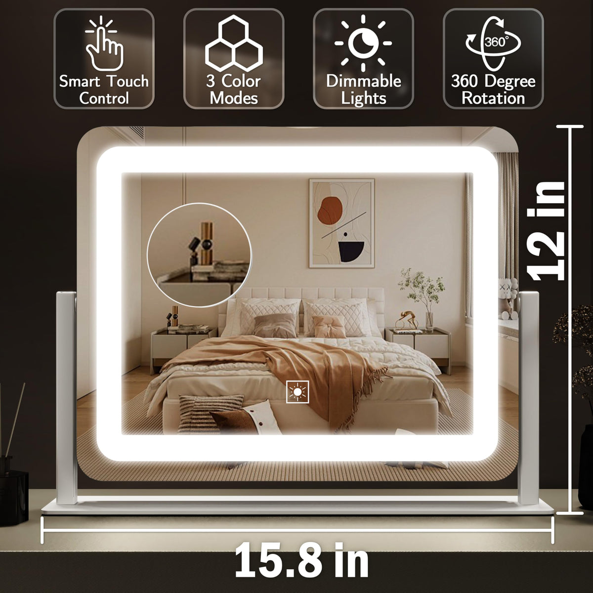 ROLOVE Vanity Mirror displaying three color lighting modes