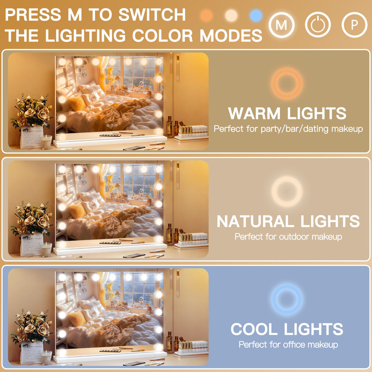 ROLOVE Vanity Mirror showcasing three lighting modes