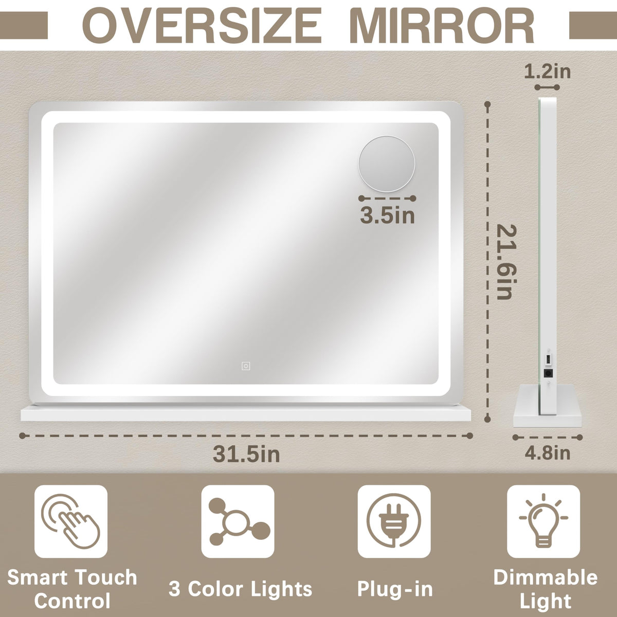 ROLOVE Vanity Mirror with dimmable lights and adjustable brightness