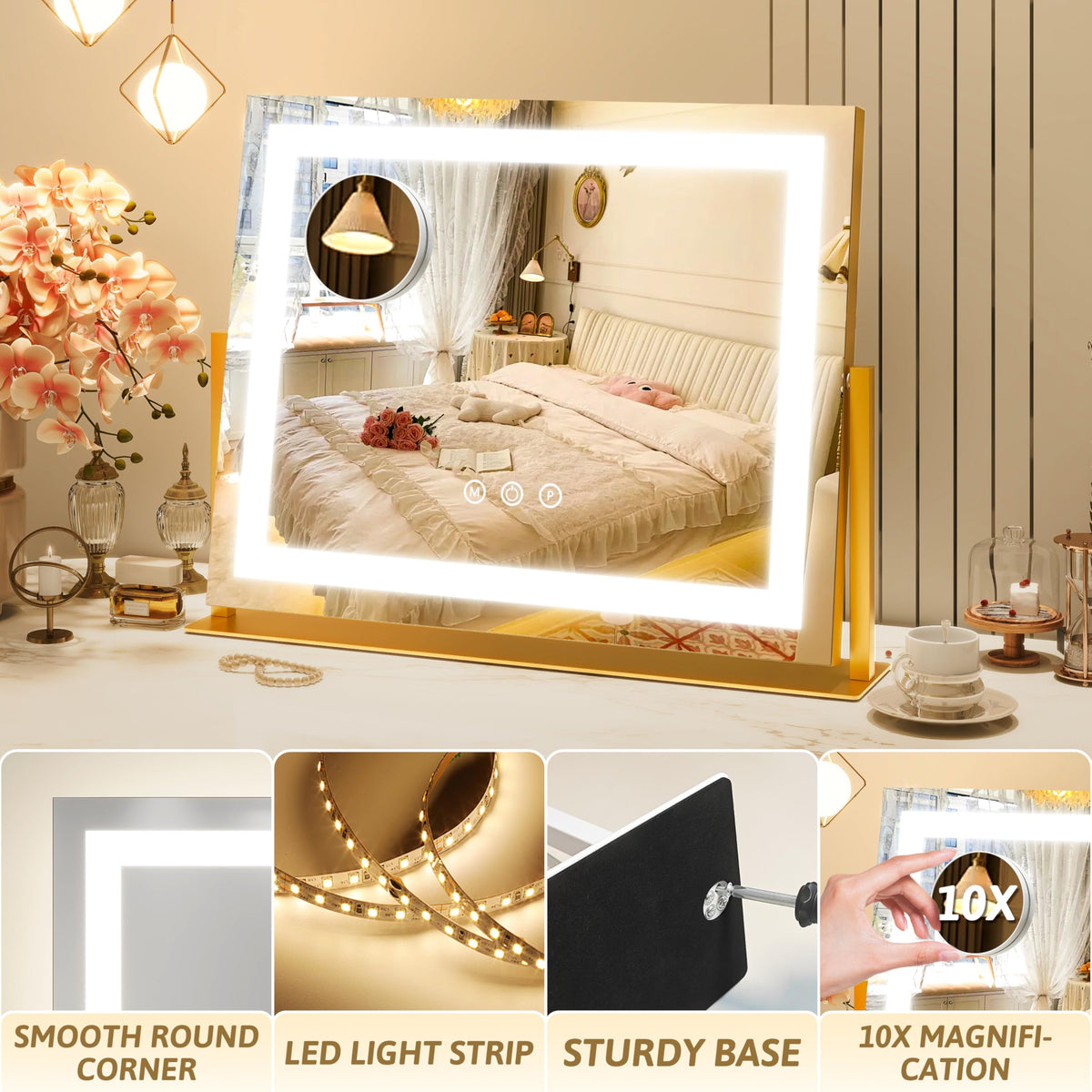 ROLOVE Vanity Mirror with Lights showing smart touch controls