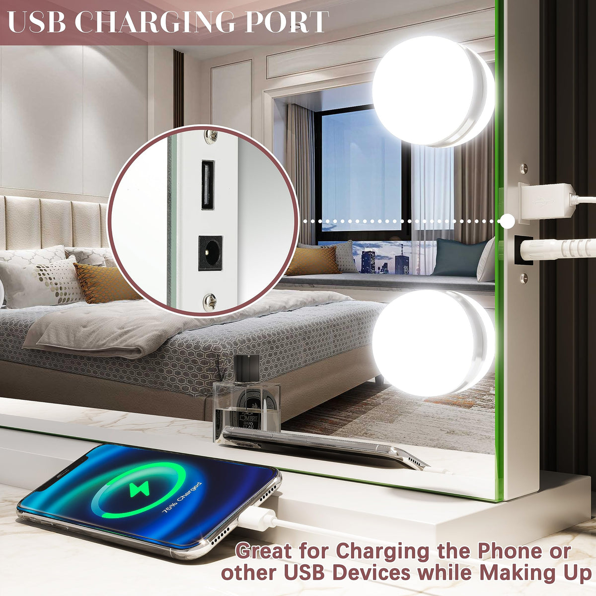 ROLOVE vanity mirror with USB charging port visible on the side
