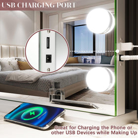ROLOVE vanity mirror with USB charging port visible on the side