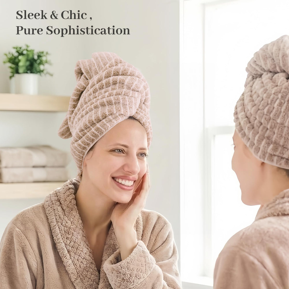 ROLSHOL hair towel wrap in use while applying makeup