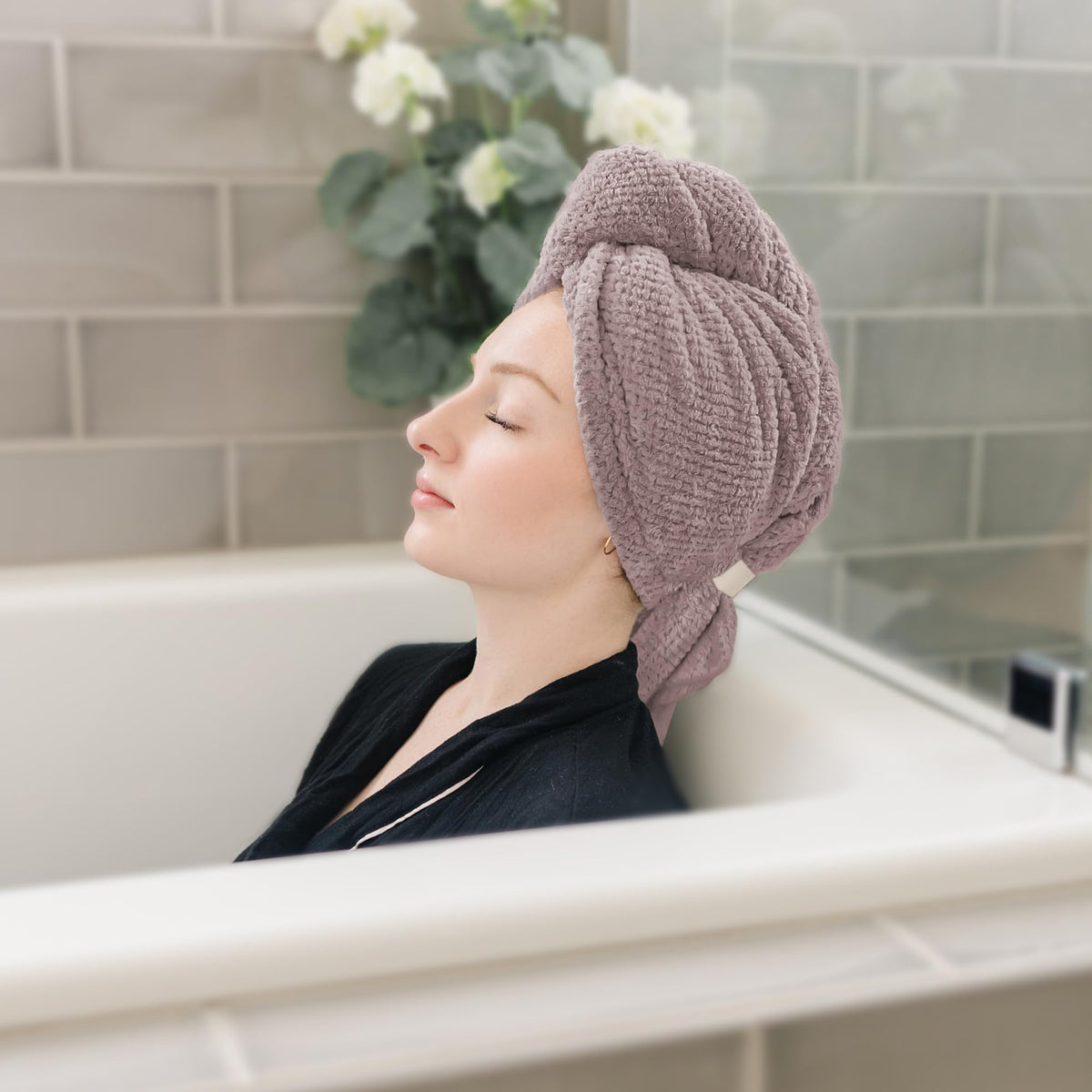 ROLSHOL hair towel wrap in use while applying makeup