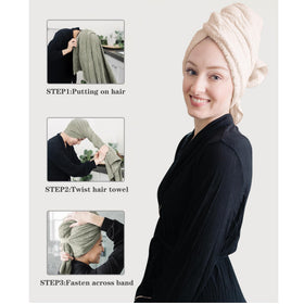 ROLSHOL hair towel wrap showing elastic fixing band