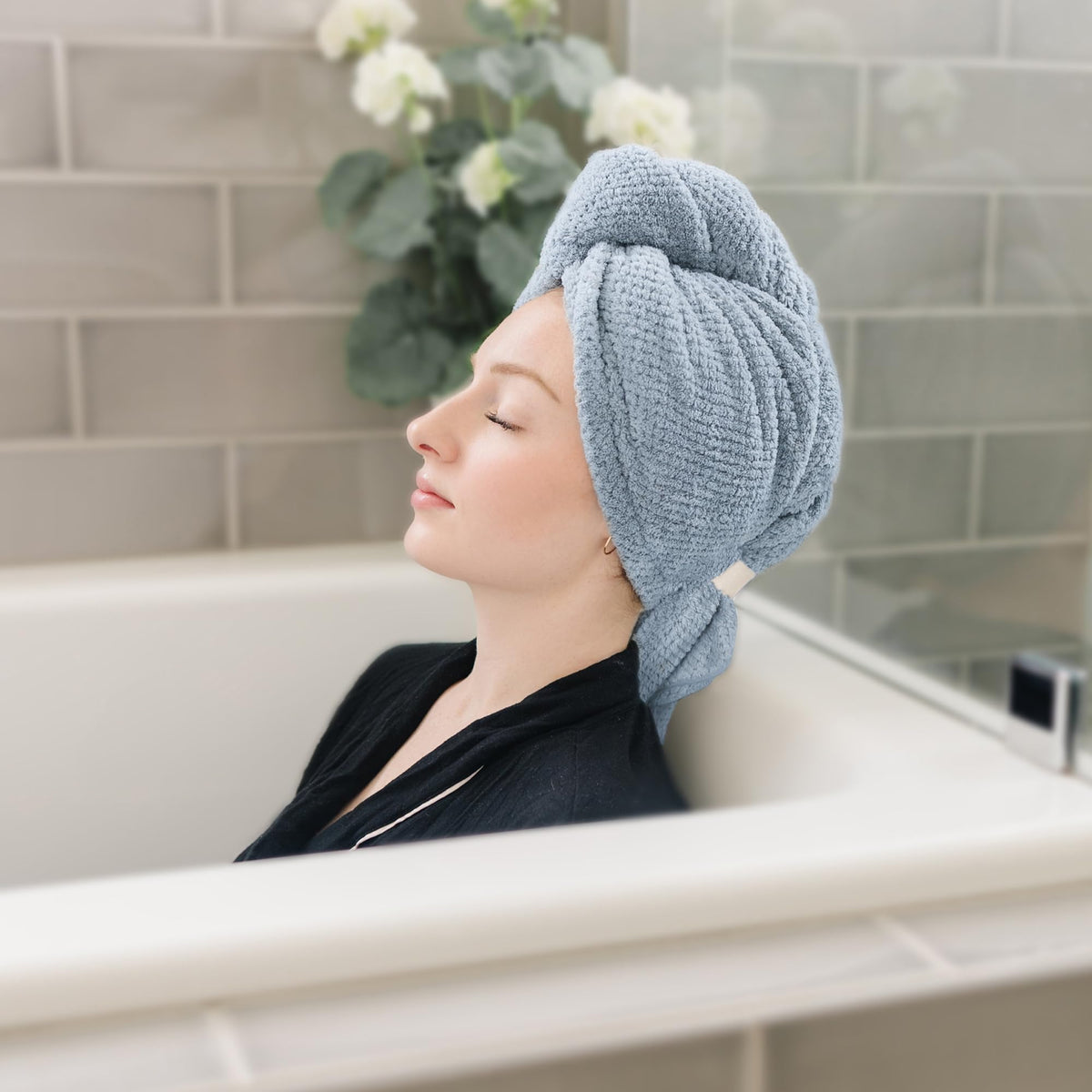 ROLSHOL Microfiber Hair Towel in use during a yoga session