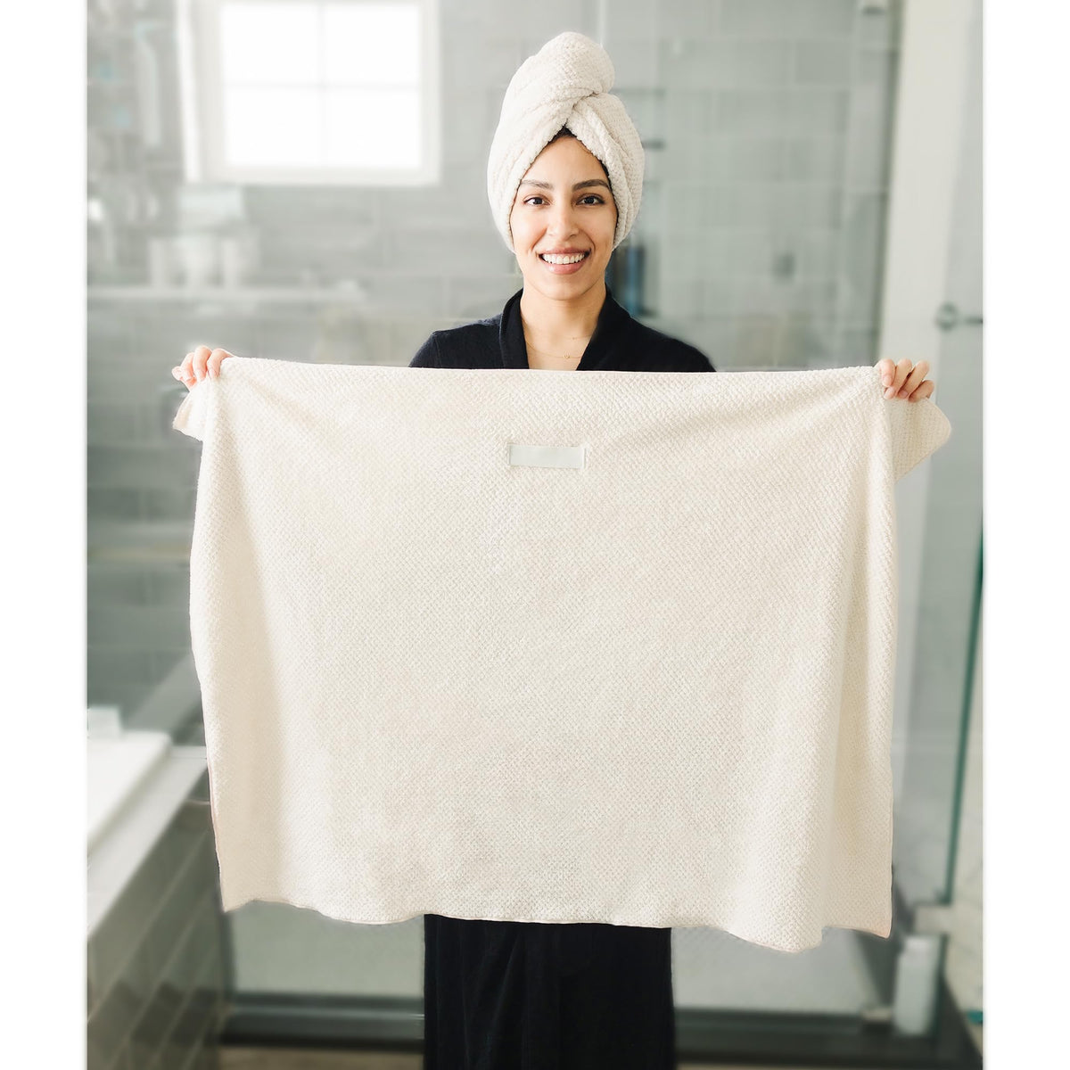 ROLSHOL Microfiber Hair Towel wrapped around hair, side view
