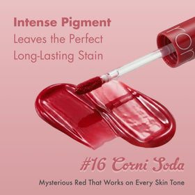 rom&nd Juicy Lasting Tint #16 Corni Soda glossy finish close-up