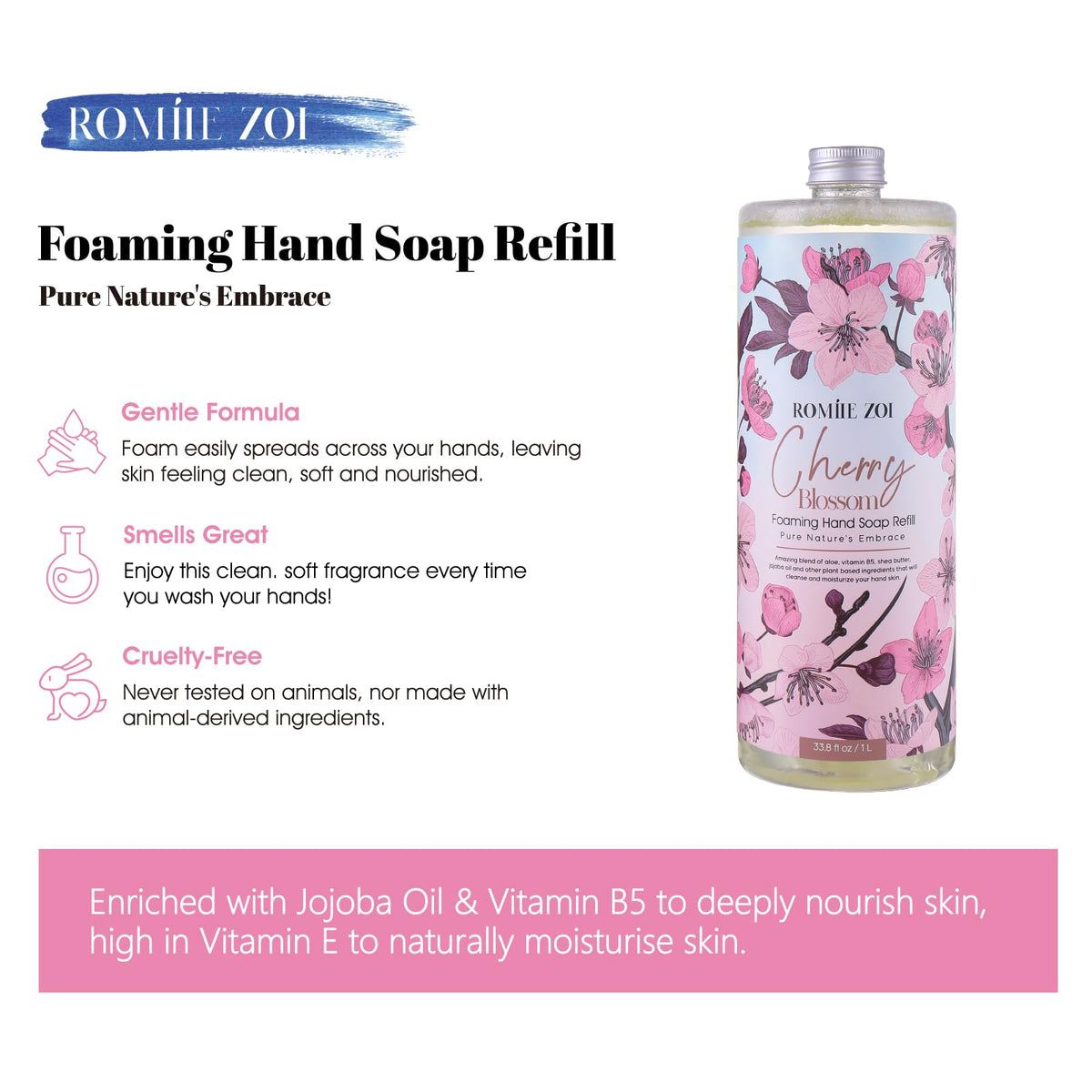 ROMIIE ZOI Foaming Hand Soap Cherry Blossom creamy foam in dispenser