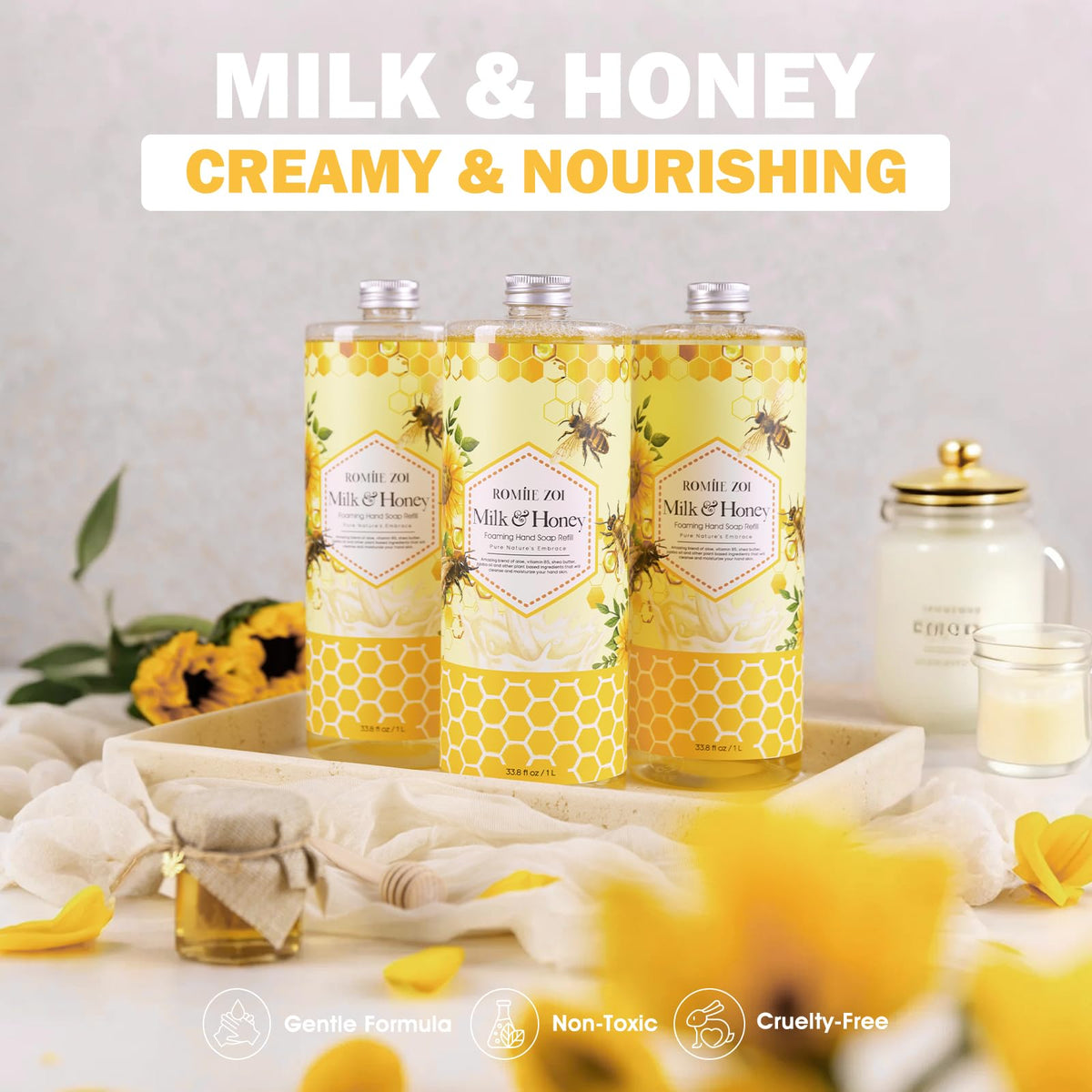 ROMIIE ZOI Foaming Hand Soap packaging with honey and milk theme