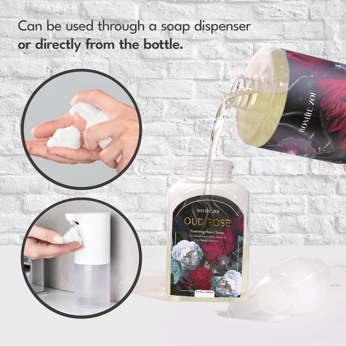 ROMIIE ZOI Foaming Hand Soap refill bottles on a kitchen counter