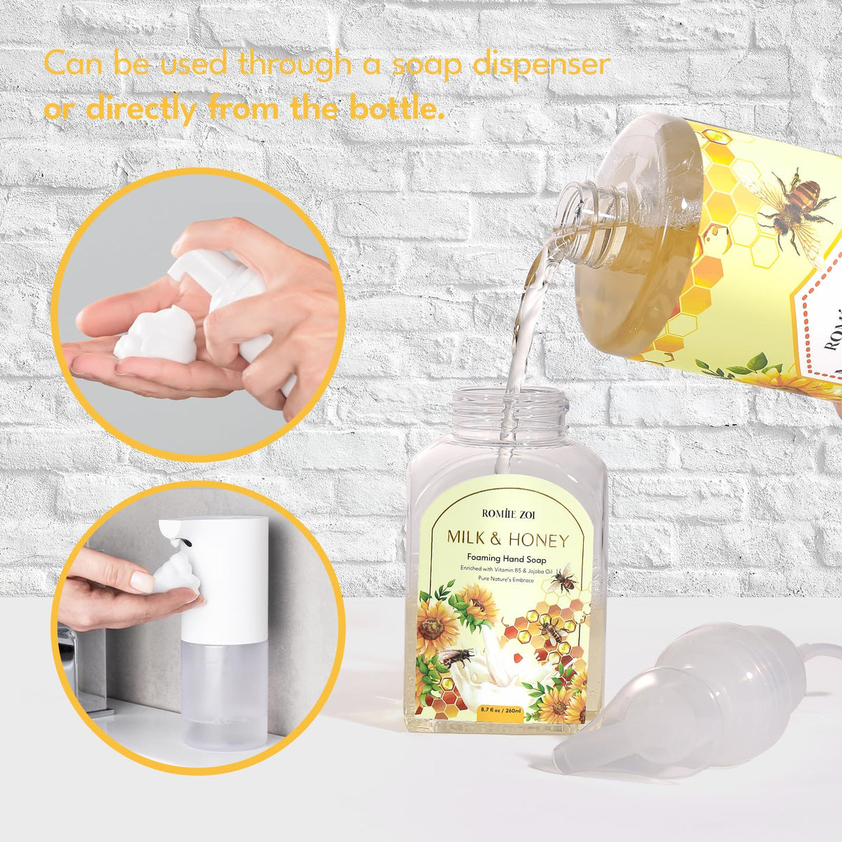 ROMIIE ZOI Foaming Hand Soap refill bottles on a wooden shelf