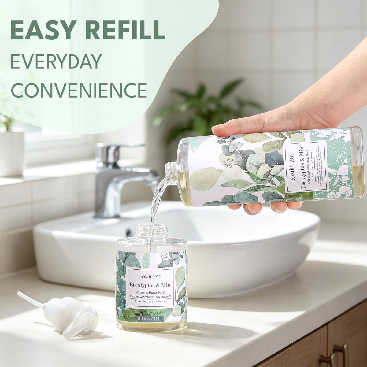 ROMIIE ZOI Foaming Hand Soap Refill Eucalyptus & Mint in kitchen setting
