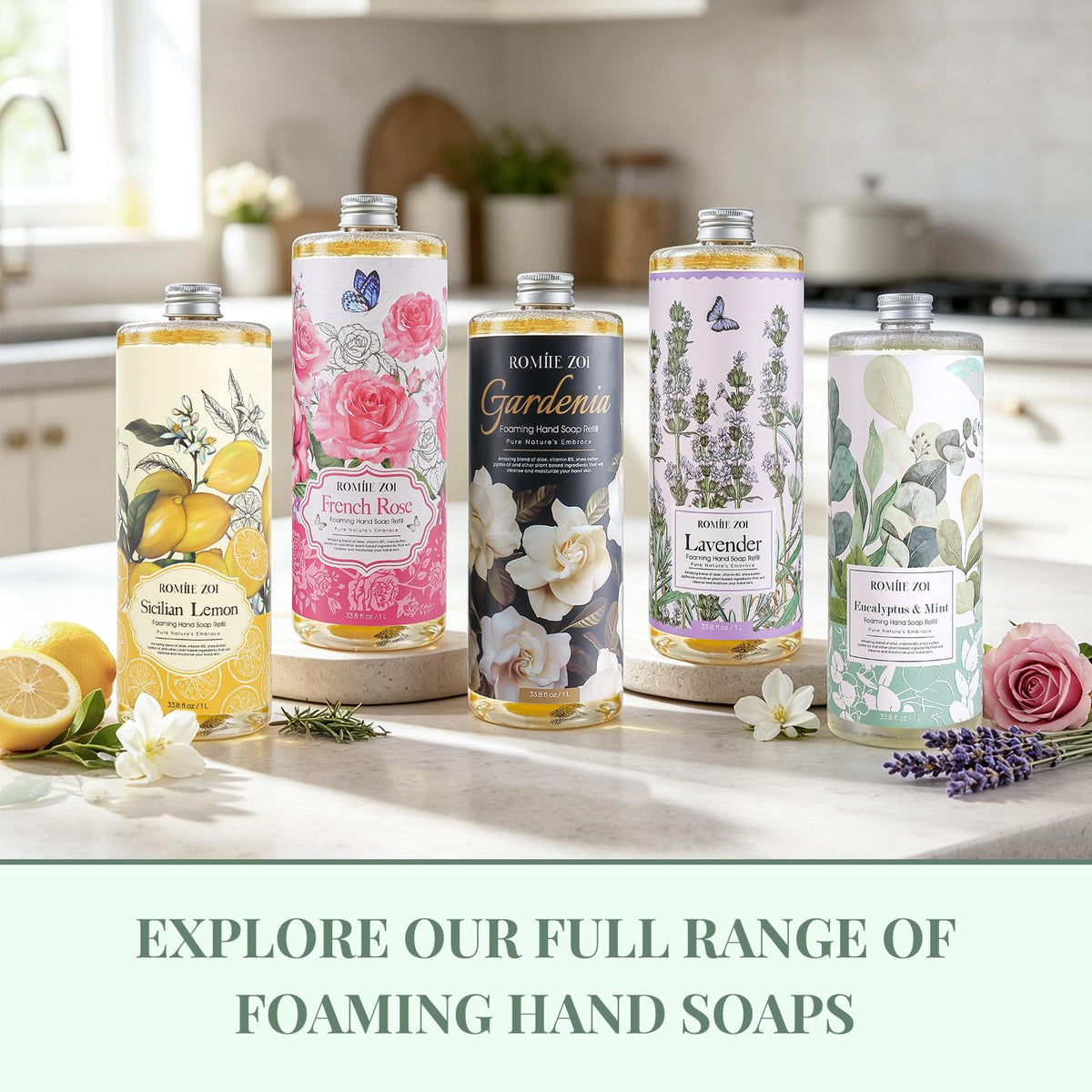 ROMIIE ZOI Foaming Hand Soap Refill Eucalyptus & Mint on bathroom countertop