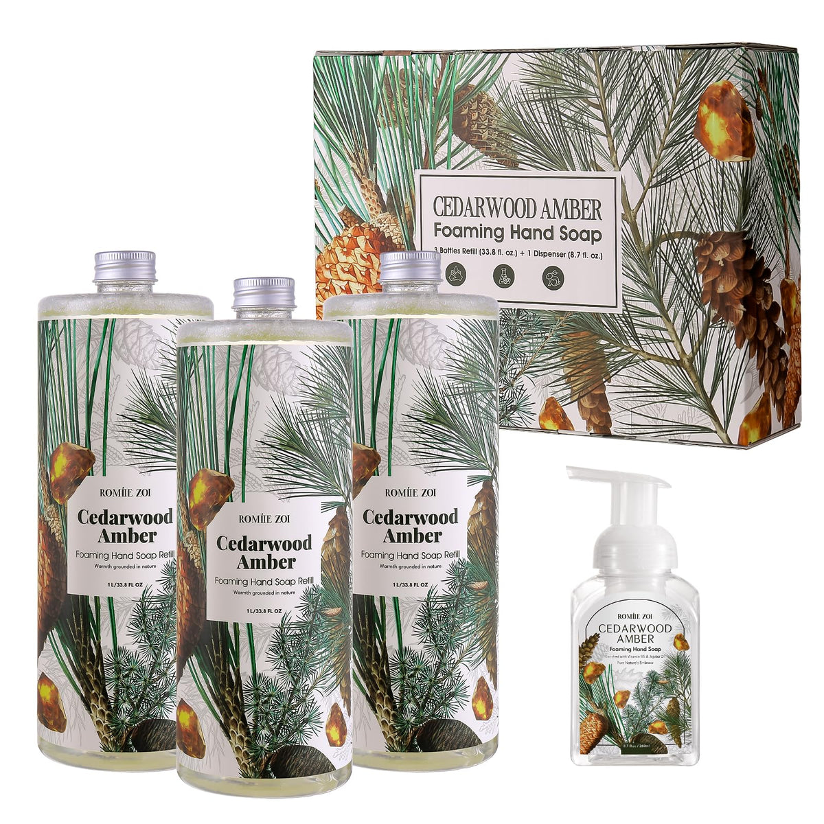 ROMIIE ZOI Foaming Hand Soap Refills Cedarwood three bottles with pump