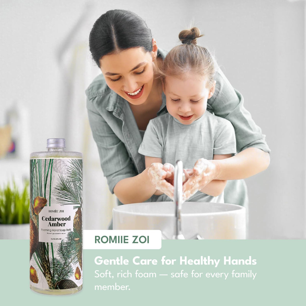 ROMIIE ZOI Foaming Hand Soap set arrangement with natural elements