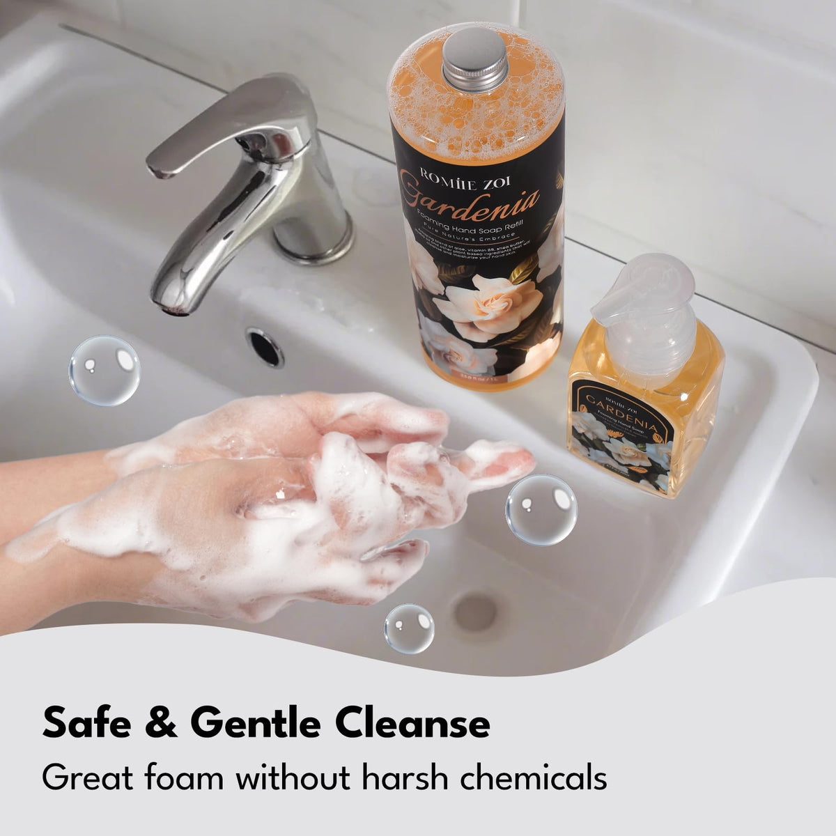 ROMIIE ZOI Gardenia Foaming Hand Soap in a bathroom setting