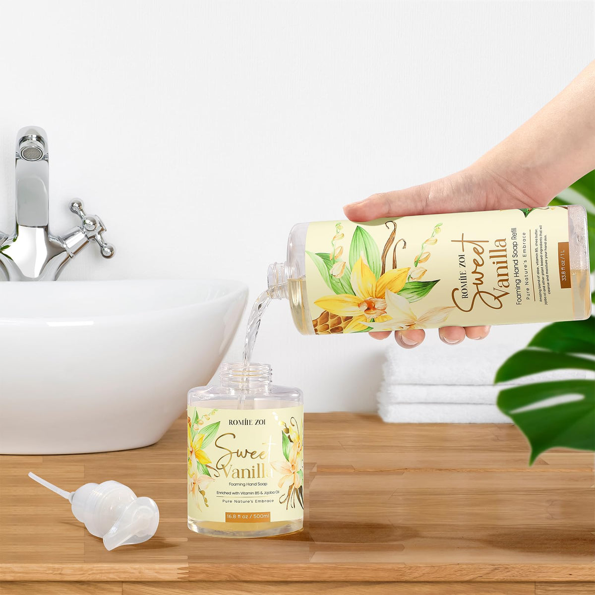 ROMIIE ZOI hand soap refill in a bathroom setting