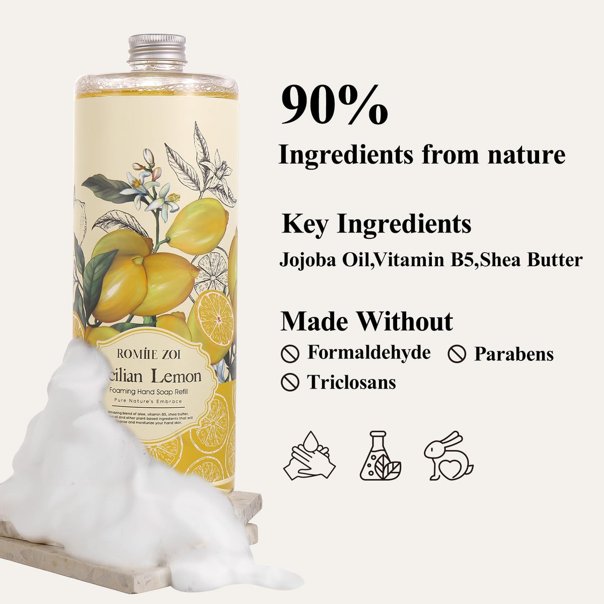 ROMIIE ZOI Lemon Foaming Hand Soap in a bathroom setting