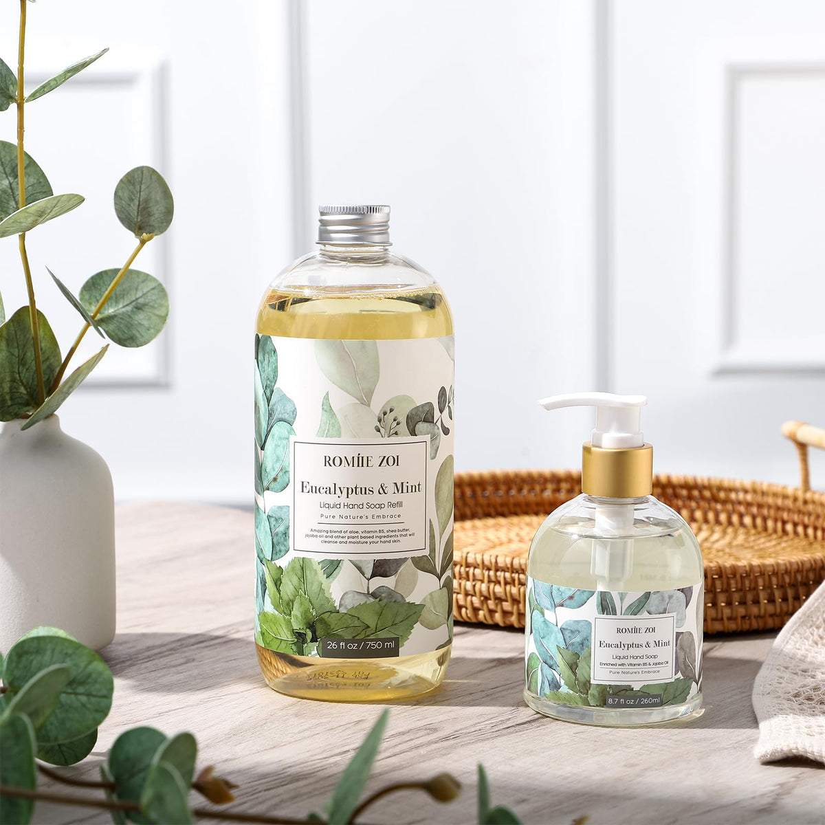 ROMIIE ZOI Liquid Hand Soap Eucalyptus Mint 3-Pack on countertop