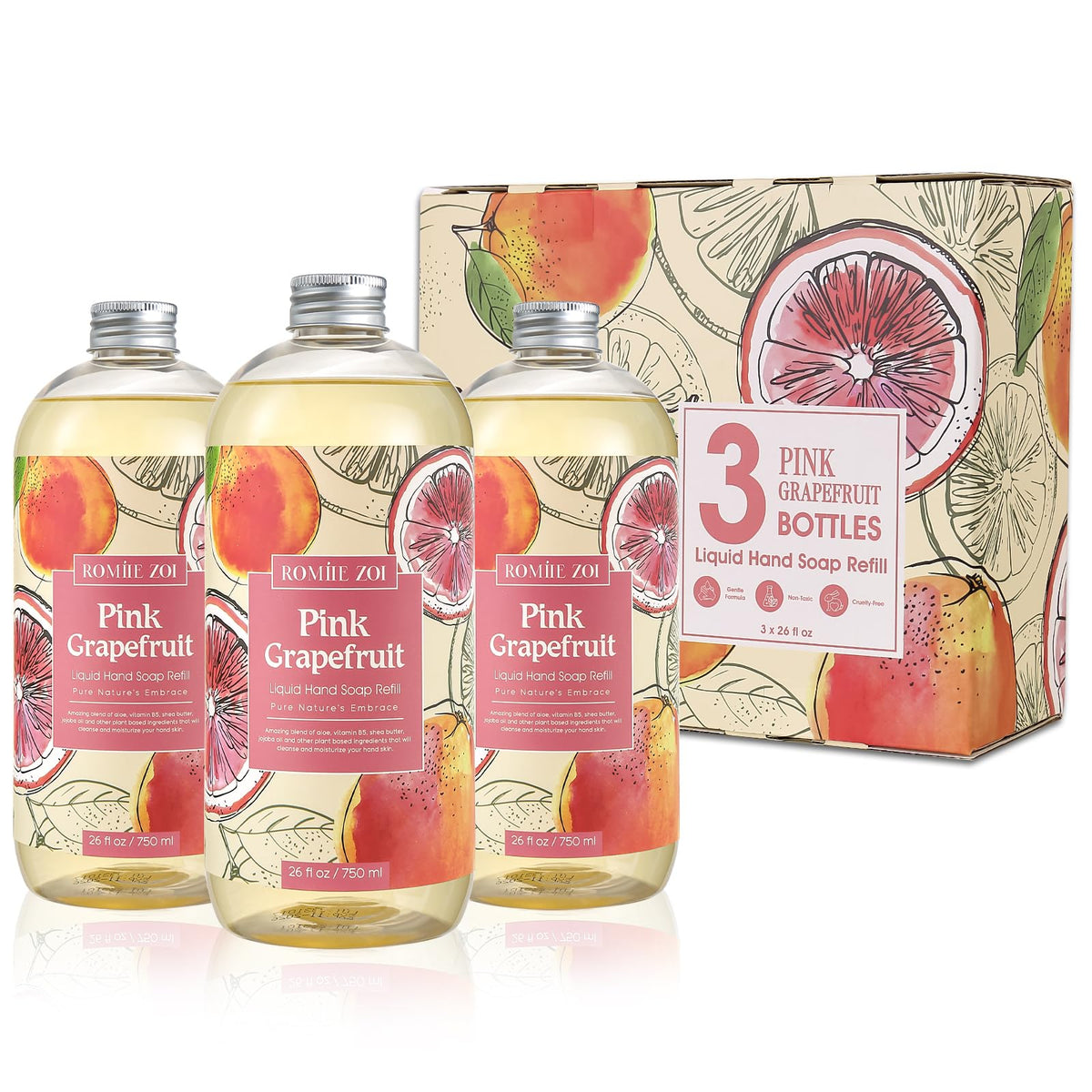 ROMIIE ZOI Liquid Hand Soap Refill 3-Pack Pink Grapefruit front view