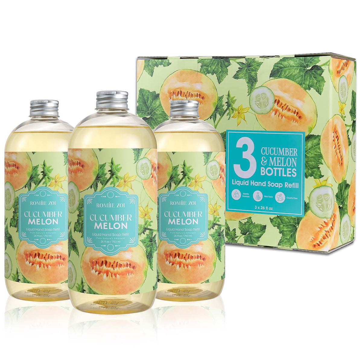 ROMIIE ZOI Liquid Hand Soap Refill 3-Pack with cucumber and melon scent