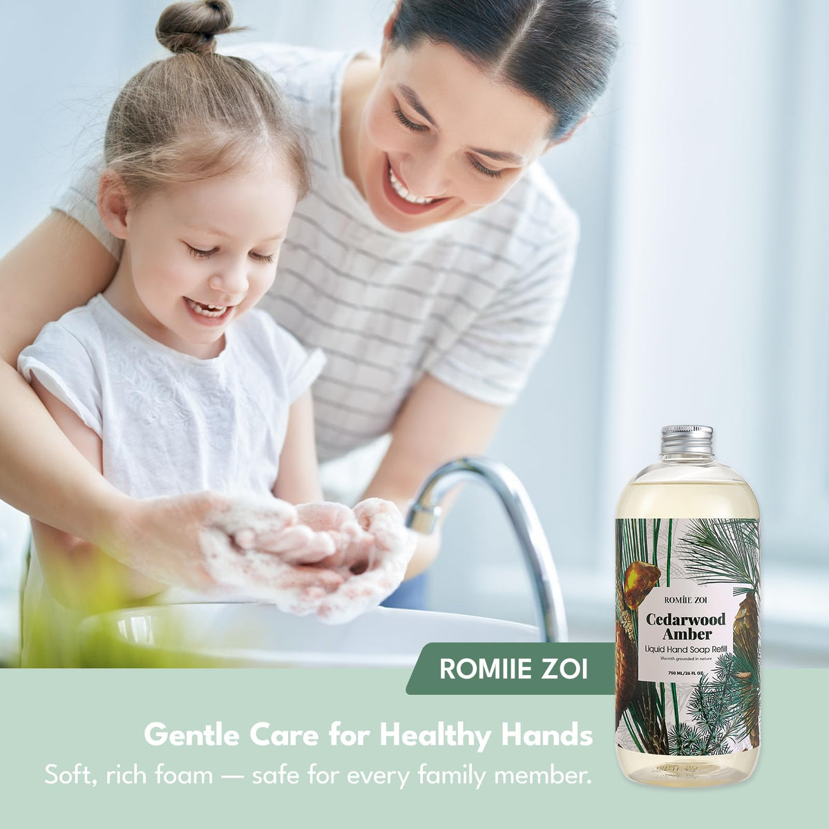 ROMIIE ZOI Liquid Hand Soap Refill Cedarwood 3-Pack displayed on a countertop