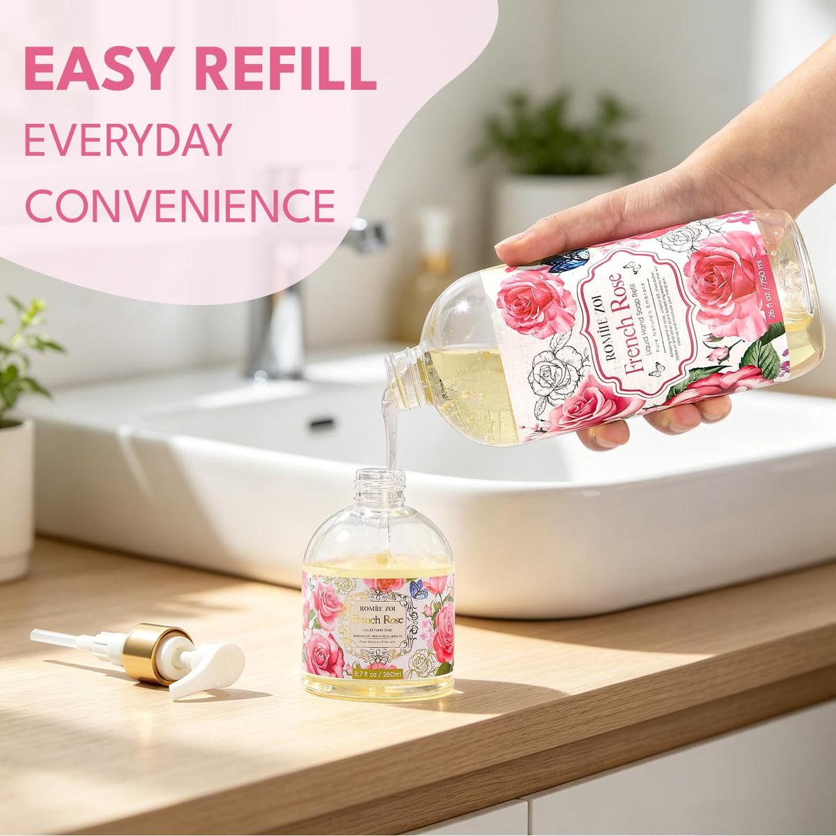 ROMIIE ZOI Liquid Hand Soap Refill Rose 750ml in bathroom setting
