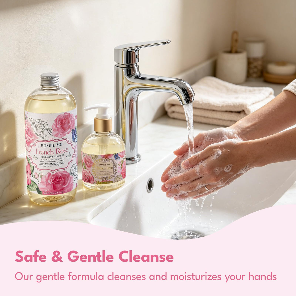 ROMIIE ZOI Liquid Hand Soap Refill Rose 750ml on kitchen sink