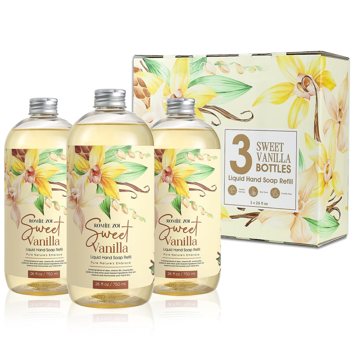 ROMIIE ZOI Liquid Hand Soap Refill Sweet Vanilla 3-pack front view