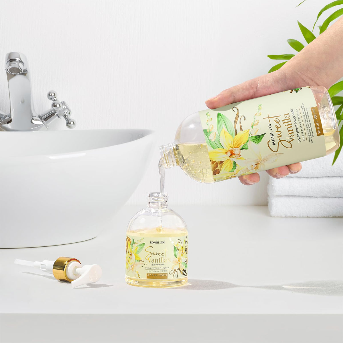 ROMIIE ZOI Liquid Hand Soap Refill Sweet Vanilla in bathroom setting