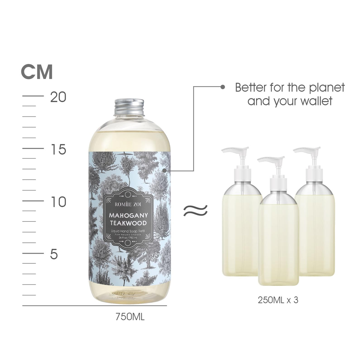 ROMIIE ZOI Liquid Hand Soap Refill Teakwood in bathroom setting
