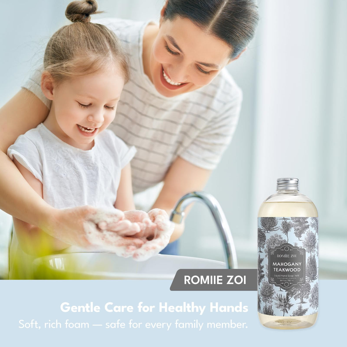 ROMIIE ZOI Liquid Hand Soap Refill Teakwood in kitchen setting
