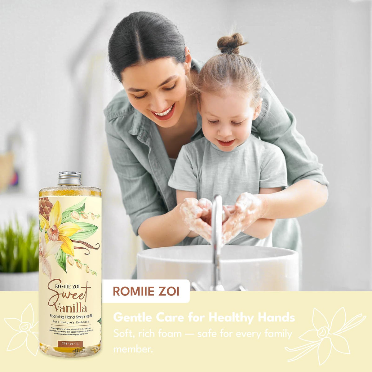 ROMIIE ZOI Sweet Vanille Foaming Hand Soap in a bathroom setting