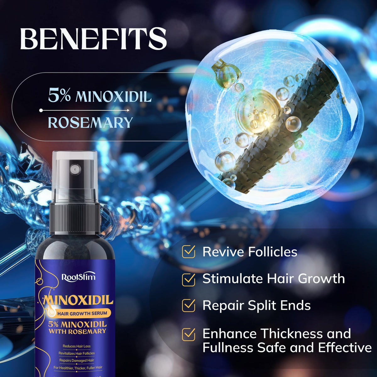 RootStim 5% Minoxidil bottle with rosemary ingredient