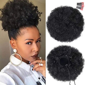rosmile Afro Puff Drawstring Ponytail Extension front view in 1B# black