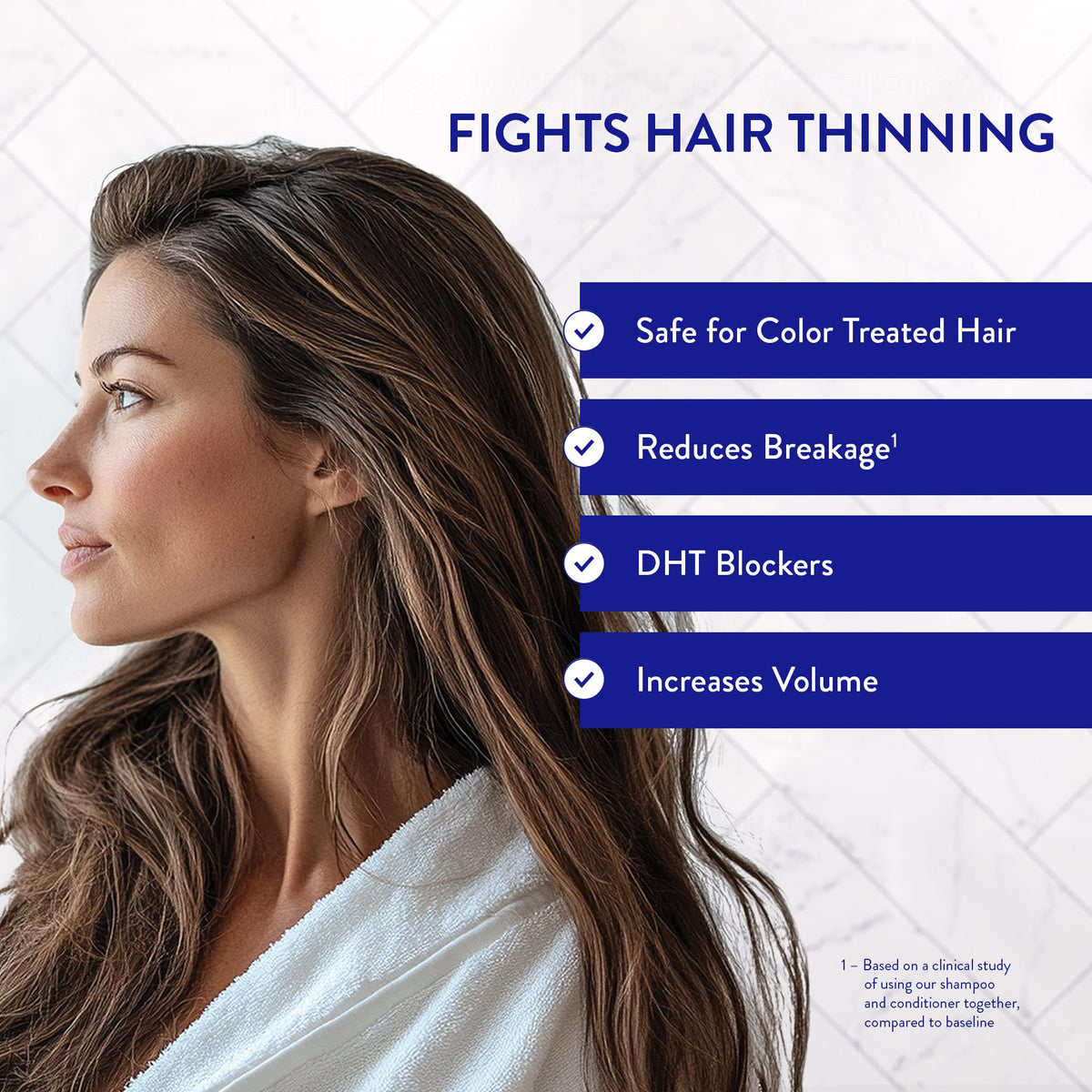 Routine Wellness Anti-Thinning Shampoo and Conditioner set on a bathroom shelf