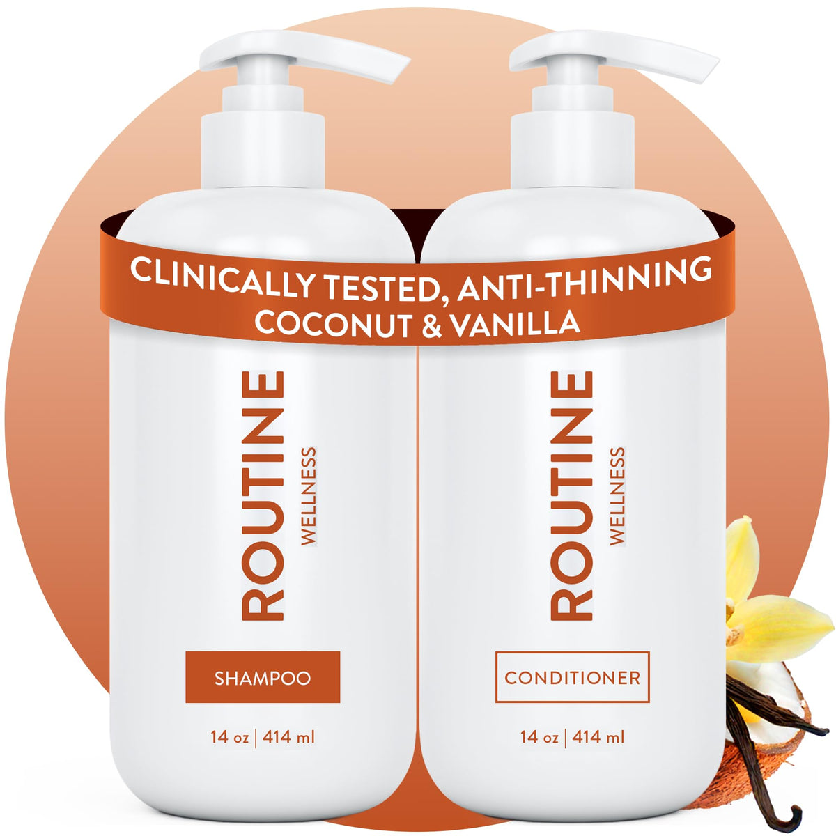 Routine Wellness Anti-Thinning Shampoo front view, coconut and vanilla scent