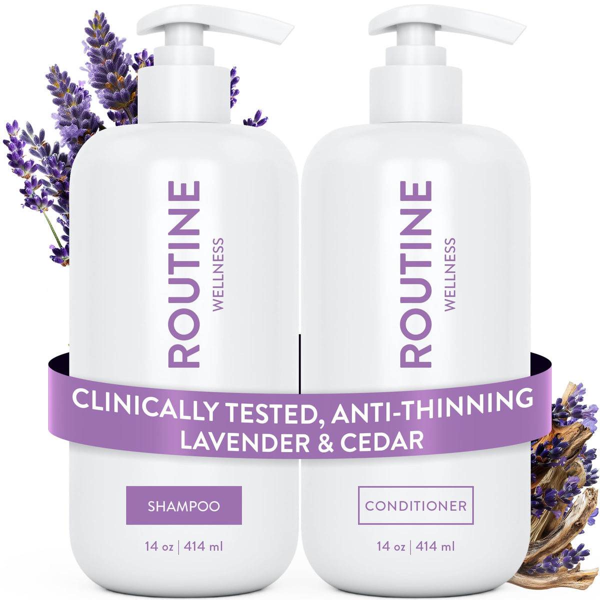 Routine Wellness Anti-Thinning Shampoo front view with lavender and cedar scent