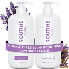 Routine Wellness Anti-Thinning Shampoo front view with lavender and cedar scent