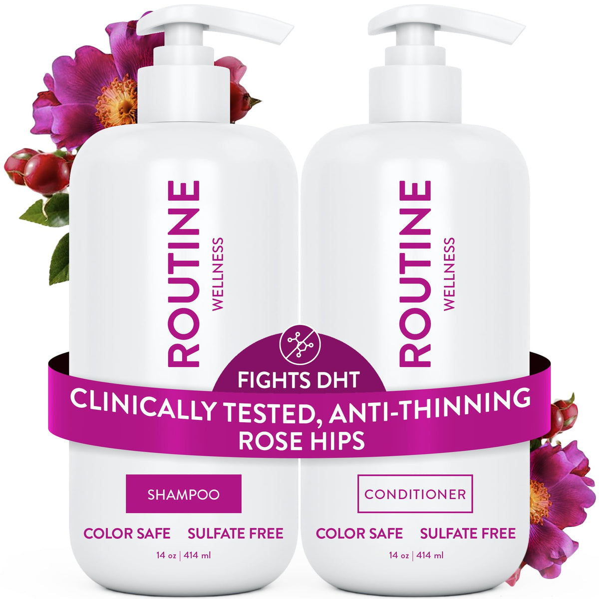 Routine Wellness Anti-Thinning Shampoo front view with rose hips