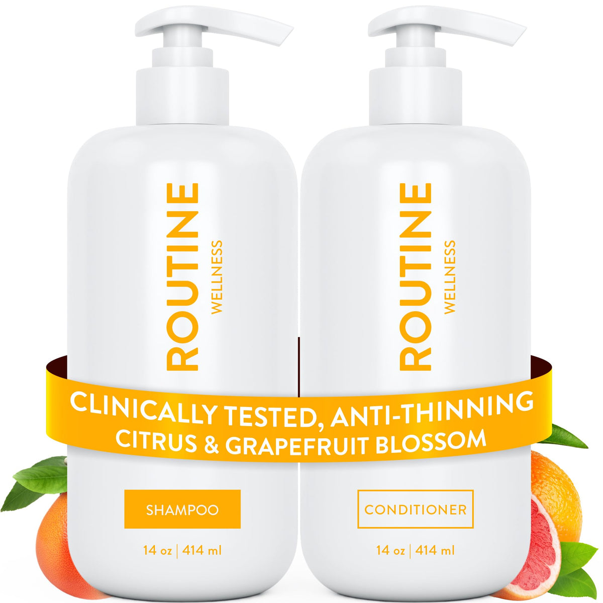 Routine Wellness Shampoo & Conditioner Set front view with Citrus & Grapefruit Blossom scent