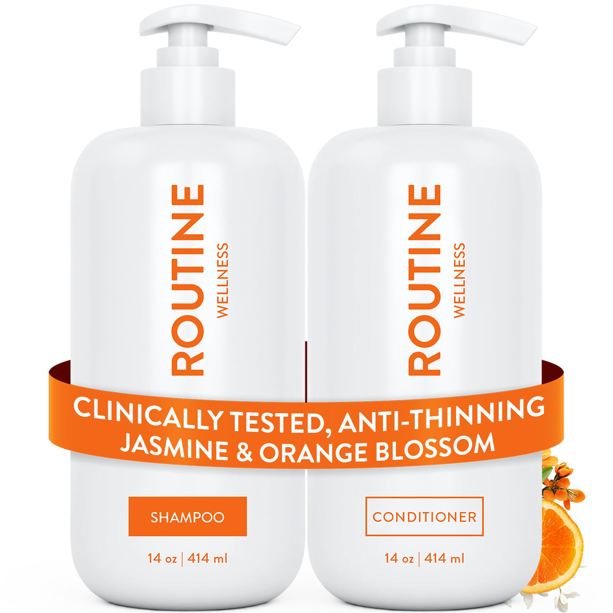 Routine Wellness Shampoo & Conditioner Set front view with Jasmine & Orange Blossom scent